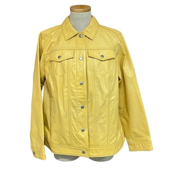 Jessica London Jacket Women's 12 Yellow NWT Leather Coat Snap Buttons Collared - Picture 1 of 17